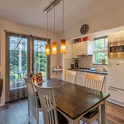 Gemuetliches Esszimmer im Ferienhaus OV260, Beerze, Vechtstreek mit moderner Kueche und Blick auf den gruenen Garten.