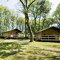 Gemuetlicher Innenbereich des Summer Lodge-Zelthauses in Beerze, mit Holzmoebeln in der Region Vecht, Overijssel.