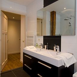 Modern bathroom in Cottage in Dalfsen, vacation home in the Vecht region, Overijssel, with stylish sink and luxury shower.