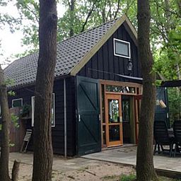 Terrace at Cottage in Dalfsen, Vecht region, Overijssel, ideal for outdoor dining in a wooded area.