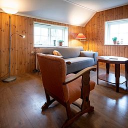 Gezellige woonkamer in Vakantiehuisje in Balkbrug, Vechtstreek, Overijssel met houten interieur en comfortabele zitruimte.