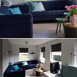 Gemuetliches Wohnzimmer des Ferienhauses in Rheezerveen mit bequemen Sofas, Vechtstreek, Overijssel.