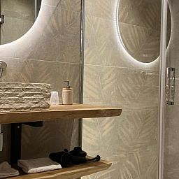 Stylish bathroom in Holiday Home in Giethmen, Overijssel, with modern sink and luxury shower for ultimate comfort.