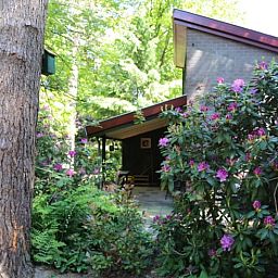 Rustikaler Eingang zum Ferienhaus in Stegeren, Overijssel mit schoenen Blumen und Gruenpflanzen.