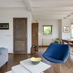 Stijlvolle woonkamer van vakantiehuis OV207 in Giethoorn, Overijssel, met moderne meubels en veel natuurlijk licht.