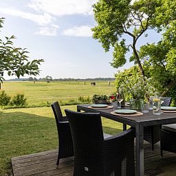 Luftaufnahme des Ferienhauses OV591 in Wanneperveen, Overijssel, umgeben von Natur.