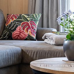 Stilvolles Wohnzimmer im Ferienhaus OV700, Scheerwolde, mit Holzwaenden und moderner Einrichtung in Overijssel.