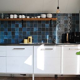 Modern kitchen in Holiday Home in IJhorst, Northwest Overijssel, with stylish tiles and practical furnishings for a comfortable stay.