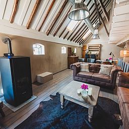 Knusse woonkamer in Vakantiehuis in Sint Jansklooster, Overijssel, met comfortabele banken.