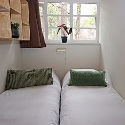 Slaapkamer in Bungalow Ficus, Doorn, Utrechtse Heuvelrug, met comfortabele bedden en uitzicht op bos.