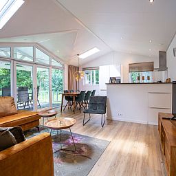Binnenruimte van Vakantiehuis De Thijmse Berg in Rhenen met een stijlvolle woonkamer en veel natuurlijk licht.