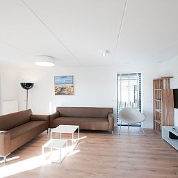 Moderne woonkamer in Vakantiehuis Oesterdam Resort, Tholen, Zeeland, met comfortabele banken en veel natuurlijk licht.
