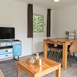 Gezellige binnenruimte van Huisje in Oostkapelle, Walcheren, met eettafel en tv.