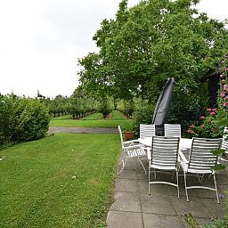 Attraktive Terrasse mit Blick auf den Obstgarten im Ferienhaus VZ2329 in Oostkapelle, Zeeland.