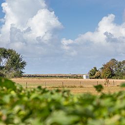 Luftaufnahme des Ferienhauses ZE257 in Aagtekerke, Walcheren, Zeeland, umgeben von Feldern.