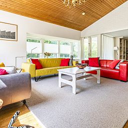 Helles und geraeumiges Wohnzimmer im Ferienhaus VZ937, Koudekerke-Dishoek, Walcheren, mit bunten Sofas und Holzdecke.