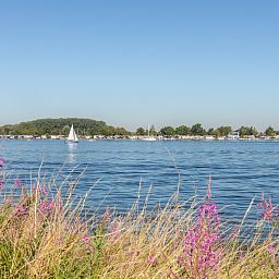 Geraeumige Terrasse des Ferienhauses ZE1545 in Wolphaartsdijk, Zuid-Beveland, umgeben von der gruenen und ruhigen Landschaft Zeelands.