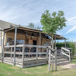 Veranda des Safarizeltes Duinroos in Ouddorp, einer Glamping Lodge in Goeree-Overflakkee, Suedholland, umgeben von gruener Natur.