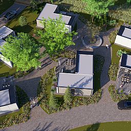 Luftaufnahme eines freistehenden Hauses in Warmond, Ferienhaus umgeben von Grn im Grnen Herzen, Sdholland.