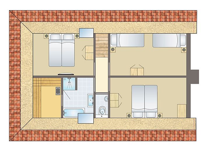 Plattegrond van Sluftervallei 8-persoons bungalow in De Cocksdorp, Texel, met ruime woonkamer en terras, ideaal voor een ontspannen verblijf.
