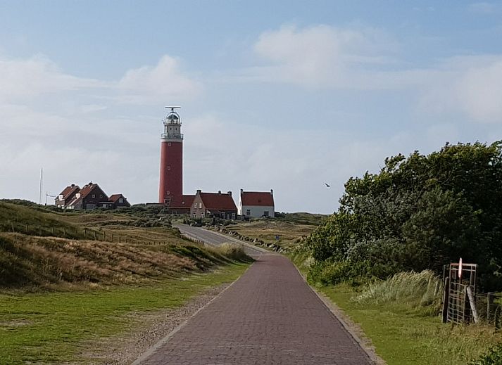Side view of Ferienperle vacation home in De Cocksdorp, Texel, with blooming nature.