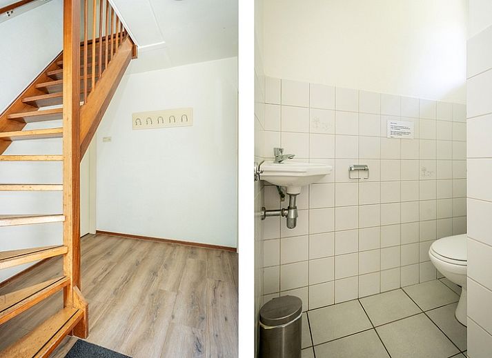 Terrasse von Bungalow De Witte Hoek 5 pers. 142 in De Cocksdorp Texel, mit Sonnenschirm und Sitzgelegenheit auf den Watteninseln.