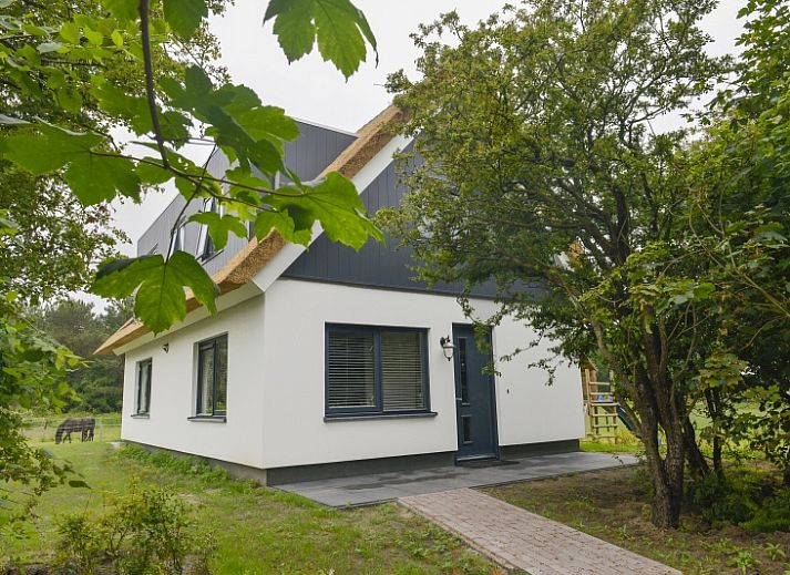 De Postschipper vakantiehuis met rieten dak in De Cocksdorp, Texel, omringd door groen.