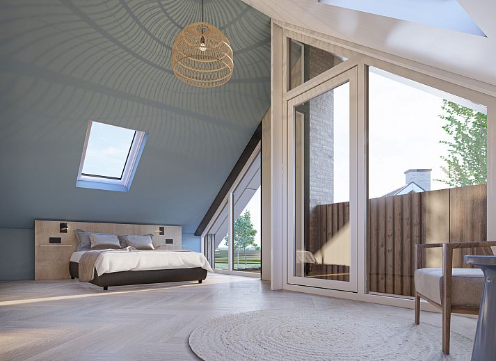 Aerial view of Chalet in De Cocksdorp, Texel, with panoramic views of vacation homes and nature on the Wadden Islands.