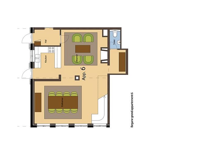 Ruime woonkamer in Type W vakantiehuis, De Cocksdorp Texel met houten balken en veel licht.