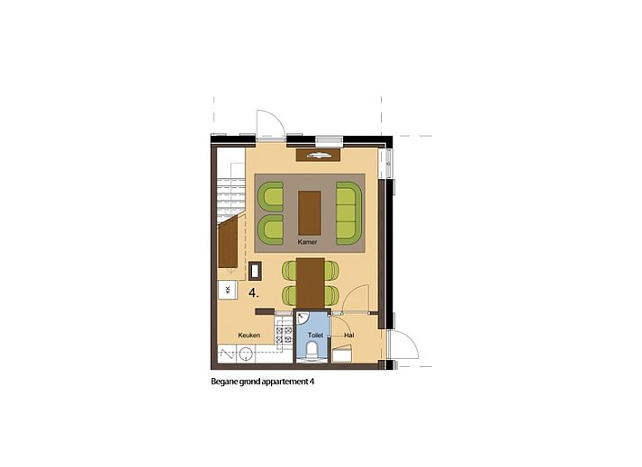 Gezellige woonkamer van Type T-4 vakantiehuis in De Cocksdorp, Texel met houten balken.
