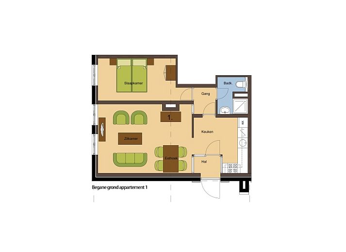 Gezellige woonkamer in Type R vakantiehuis, De Cocksdorp, Texel, met grote ramen en comfortabele zitplaatsen.