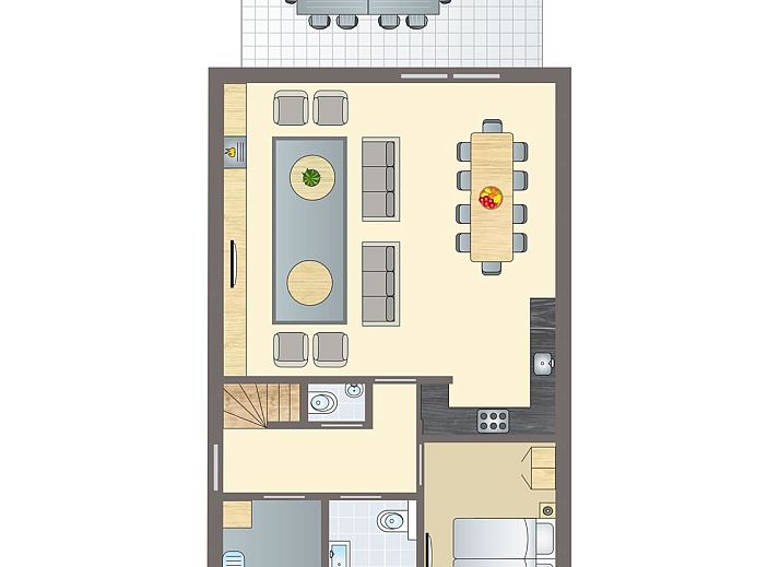 Plattegrond van Sluftervallei 10-persoons bungalow in De Cocksdorp, Texel, met ruime woonkamer en eetgedeelte voor een comfortabel verblijf.