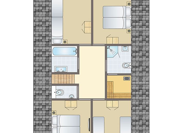 Plattegrond van Sluftervallei 10-persoons bungalow in De Cocksdorp, Texel, met ruime woonkamer en eetgedeelte voor een comfortabel verblijf.