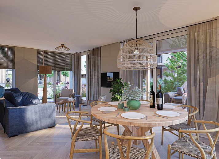 Luftaufnahme eines freistehenden Hauses in De Cocksdorp, Texel, Waddeninseln, mit moderner Architektur und grner Umgebung.