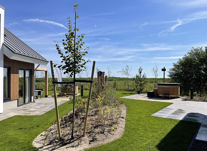 Helles Wohnzimmer eines freistehenden Hauses in De Cocksdorp, Texel. Gemtliche Essecke mit Blick auf die grne Umgebung der Waddeninseln.