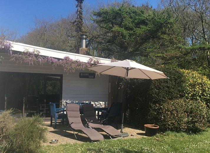 Ontspan op het terras van Bungalow Slufterduin - De Blauwe Skor in De Cocksdorp, Texel, omgeven door groene natuur en rust.