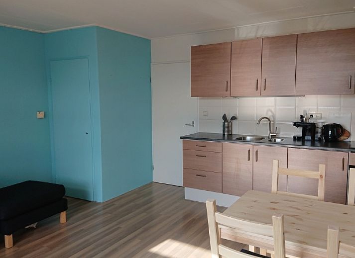 Helles Interieur des Ferienhauses Kikkerpoel in De Cocksdorp, Texel mit Holzboden und bequemem Sessel.