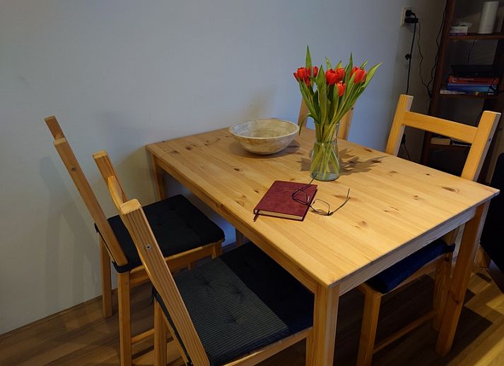 Helles Interieur des Ferienhauses Kikkerpoel in De Cocksdorp, Texel mit Holzboden und bequemem Sessel.