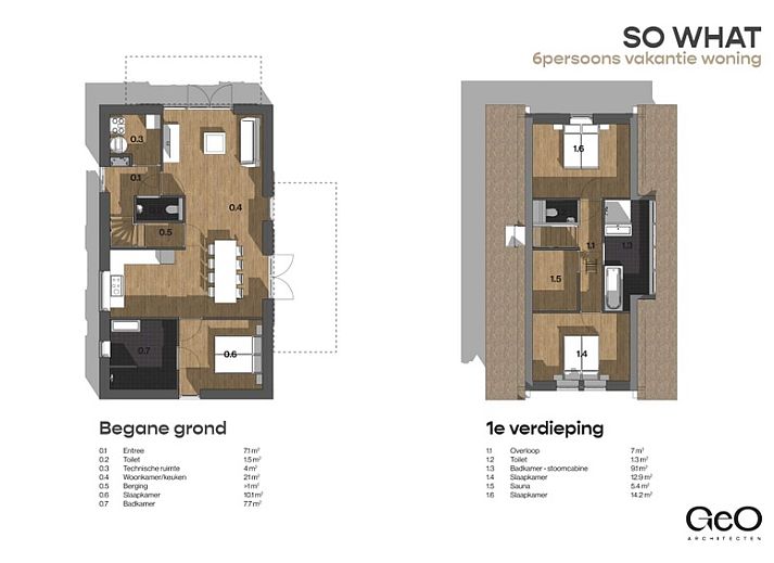 Seitenansicht der Villa 25b, Ferienhaus in De Koog, Texel mit moderner Terrasse und gruener Umgebung.