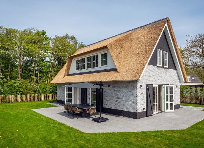 Ferienpark So What in De Koog, Texel: luxurioeses Ferienhaus mit Reetdach und grosser Terrasse, umgeben von gruener Natur.