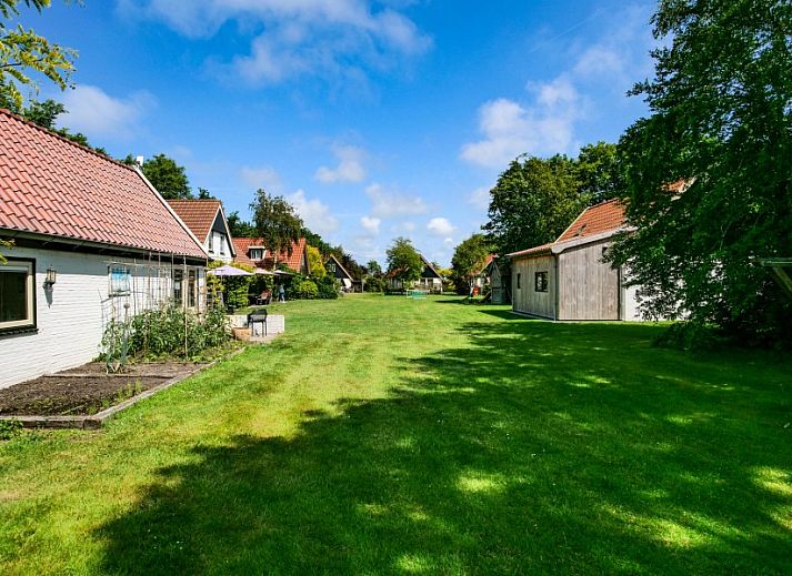 Moderne keuken in Koetshuis vakantiehuis, De Koog, Texel met houten kasten en uitzicht op groene natuur.