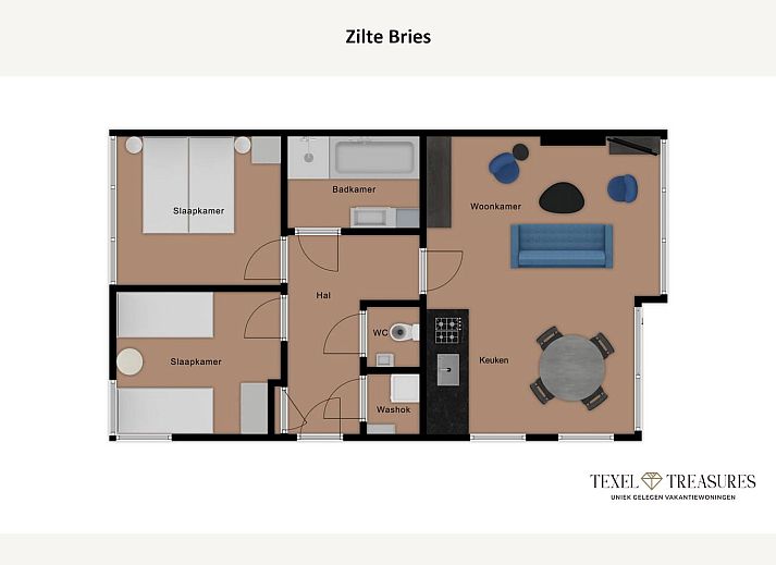 Stijlvolle woonkamer van Zilte Bries vakantiehuis in De Koog, Texel met kunst aan de muur.