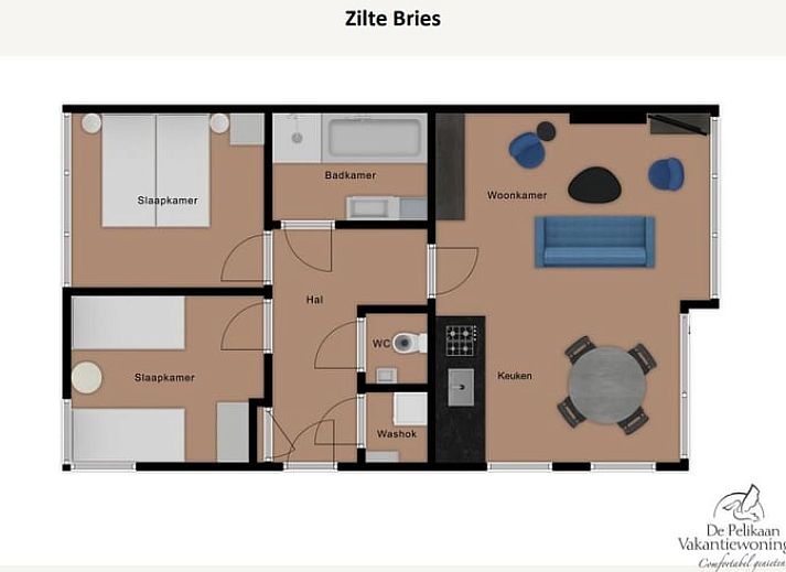 Stijlvolle woonkamer van vakantiehuisje in De Koog, Texel met kunst.