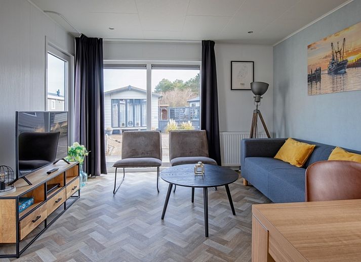 Gezellige woonkamer in Chaletpark Bregkoog - Chalet Bregkoog 162, De Koog, Texel, met moderne inrichting en veel lichtinval.