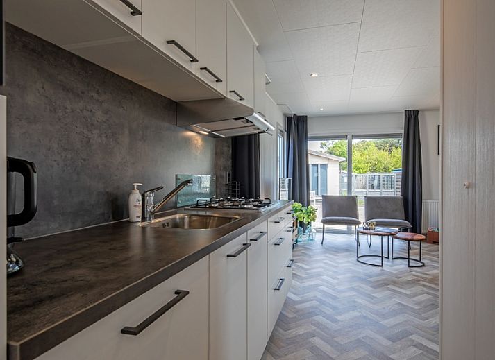 Stijlvolle binnenruimte van vakantiehuis Chalet Bregkoog 162 in De Koog, Texel, met comfortabele zithoek en eethoek.