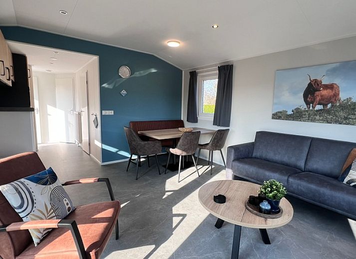 Gezellige woonkamer van Chalet Type 1 in De Koog, Texel met comfortabele zitruimte en veel natuurlijk licht.