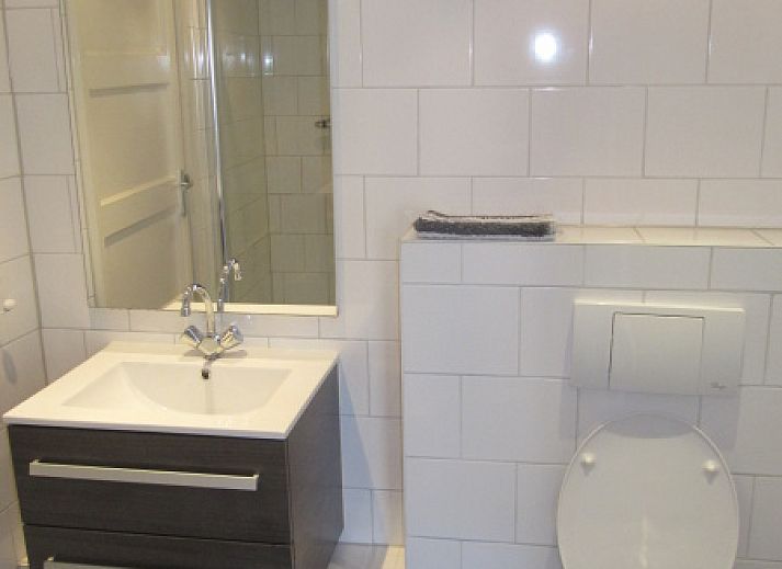 Spacious terrace at De Molen, vacation home in Den Burg, Texel, with garden furniture and flowers.