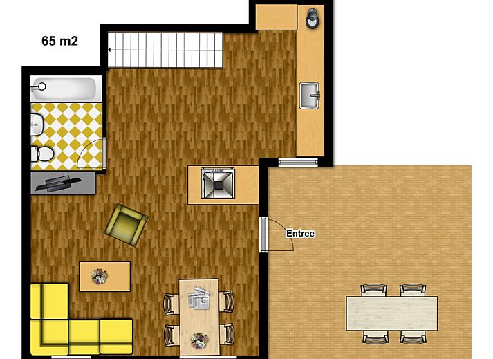 Moderne Kueche des Appartements Yellow in Den Hoorn, Texel, mit farbenfrohen Fliesen und einer geraeumigen Arbeitsflaeche fuer einen komfortablen Aufenthalt.