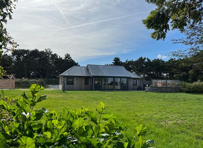 Ferienhaus in Den Hoorn auf Texel, umgeben von ueppiger Natur und gruenen Feldern.