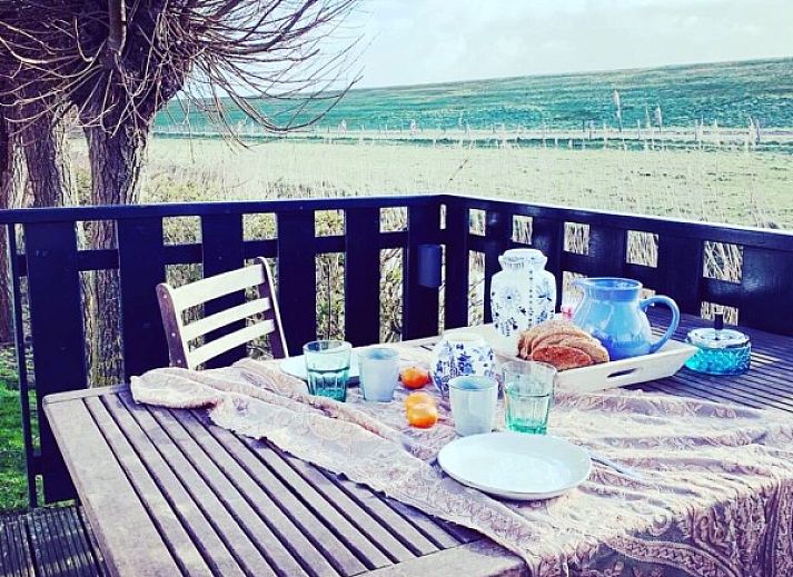 Gemuetliche Veranda im Ferienhaus 't Kaaps Huussie in Oosterend, Texel, ideal fuer entspannende Momente im Freien.